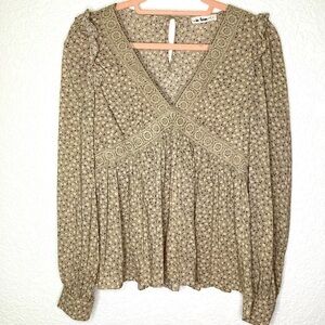 IN LOOM SIZE S FLORAL TOP LONG SLEEVES BROWN LACE ROMANTIC BLOUSE‎ BOHO GUC